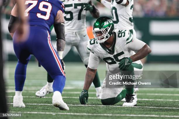 Quinnen Williams of the New York Jets lines up during a game between the New York Jets and the Buffalo Bills at MetLife Stadium on September 11, 2023...