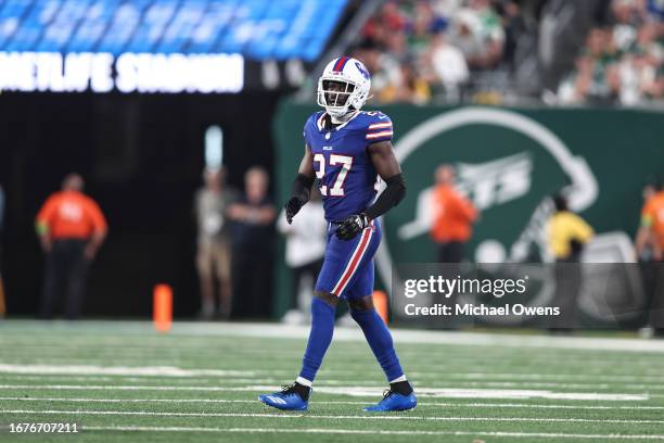 Tre'Davious White of the Buffalo Bills looks on during a game between the New York Jets and the Buffalo Bills at MetLife Stadium on September 11,...