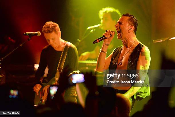 Guitarist Martin Gore and singer Dave Gahan of Depeche Mode perform at KROQ presents Depeche Mode at The Troubadour on April 26, 2013 in West...