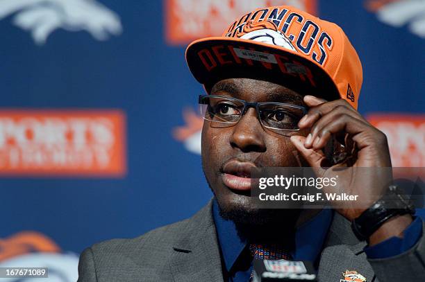 Montee Ball speaks to the media during a press conferences at the Denver Broncos' training facility in Englewood, CO April 27, 2013. The Broncos...
