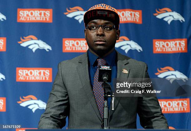Montee Ball speaks to the media during a press conferences at the Denver Broncos' training facility in Englewood, CO April 27, 2013. The Broncos...