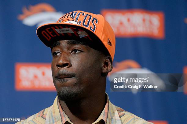 Kayvon Webster speaks to the media during a press conferences at the Denver Broncos' training facility in Englewood, CO April 27, 2013. The Broncos...