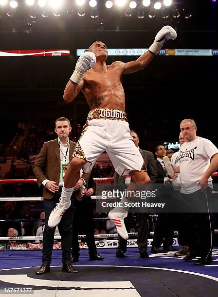 Anthony Ogogo celebrates his victory over Kieron Gray during their Middleweight bout at Motorpoint Arena on April 27, 2013 in Sheffield, England.
