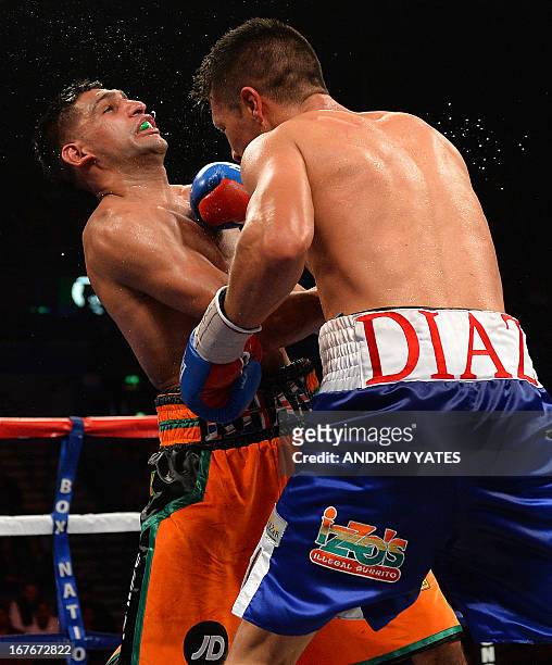 Amir Khan of Great Britain fights Julio Diaz of Mexico during their 143lbs Catchweight Contest at the Motorpoint Arena in Sheffield, England on April...