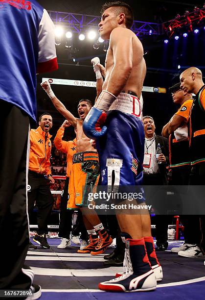 Amir Khan celebrates his victory over Julio Diaz at Motorpoint Arena on April 27, 2013 in Sheffield, England.