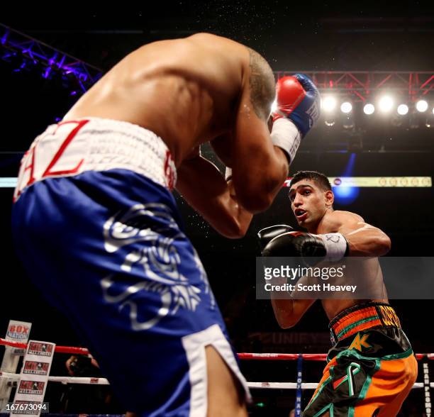 Amir Khan in action against Julio Diaz at Motorpoint Arena on April 27, 2013 in Sheffield, England.