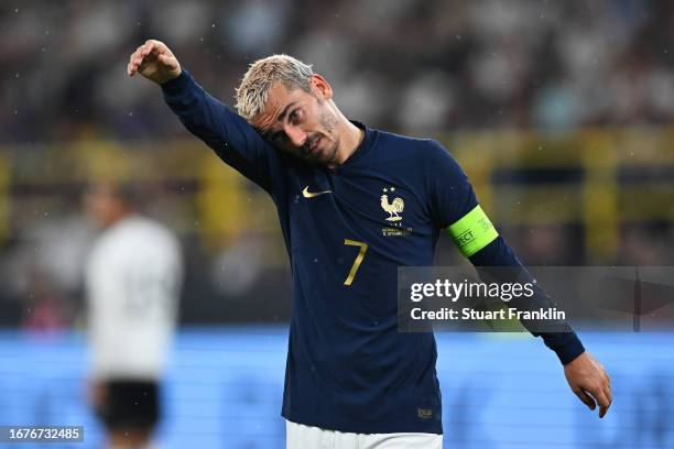 Antoine Griezmann of France reacts during the International Friendly match between Germany and France at Signal Iduna Park on September 12, 2023 in...