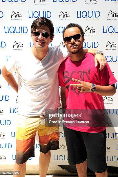 Producer Andy Caldwell and DJ/producer Connor Cruise arrive at the Liquid Pool Lounge at the Aria Resort & Casino at CityCenter for a pool party on...