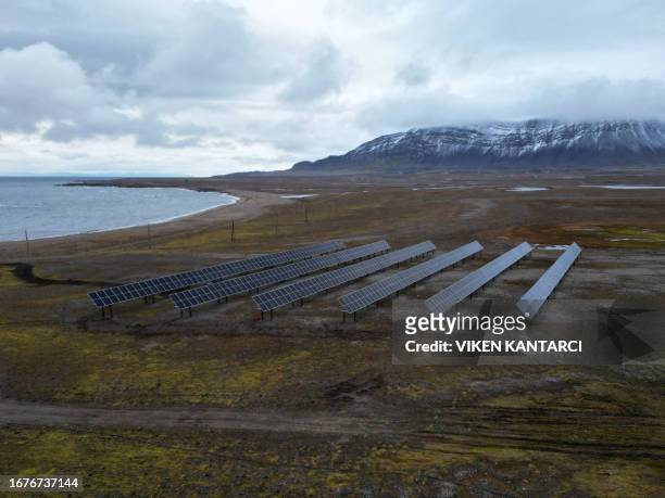 This aerial picture taken on September 14 shows 360 solar panels in Kapp Linné, in the Norwegian arctic Island of Svalbard. Norway has installed...