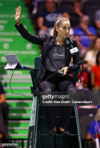 Umpire Marijana Veljovic in action during the Davis Cup Final Group B doubles match at the AO Arena on September 17, 2023 in Manchester, England.