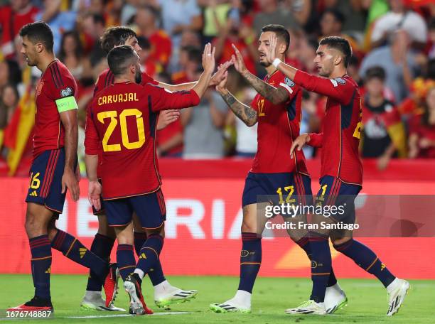Ferran Torres of Spain celebrates after scoring the team's sixth goal during the UEFA EURO 2024 European qualifier match between Spain and Cyprus at...