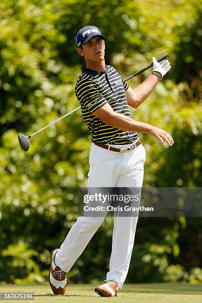 Billy Horschel hits his tee shot on the second hole during the third round of the Zurich Classic of New Orleans at TPC Louisiana on April 27, 2013 in...