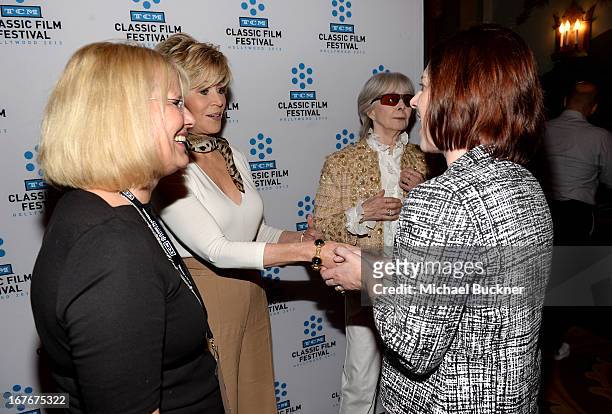 Actress `Jane Fonda, Shirlee Mae Adams and TCM Managing Director Genevieve McGillicuddy attend actress Jane Fonda's Handprint/Footprint Ceremony...