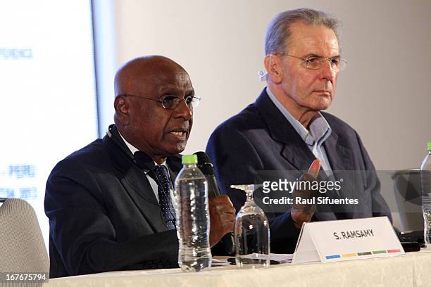 Sam Ramsamy, IOC Executive Board member, Chairman of the OIC Sport for All Commission and Jaques Rogge, IOC President, during a press conference as...