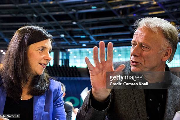 German Greens Party co-chancellor candidate Juergen Trittin gestures to Buendnis 90/Die Gruenen co-chancellor candidate Katrin Goering-Eckardt, as...