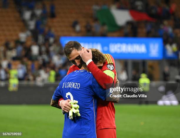 Gianluigi Donnarumma and Giovanni Di Lorenzo of Italy celebrates the win at the end of the UEFA EURO 2024 European qualifier match between Italy and...