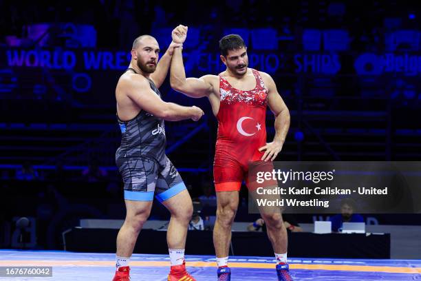 Amir Hossein Abbas Zare of Iran against Taha Akgul of Turkiye in semifinals at 125kg during 2023 World Wrestling Championship in Belgrade, Serbia on...