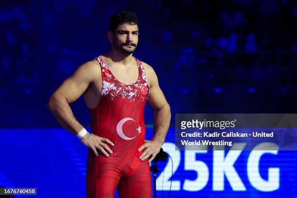 Taha Akgul of Turkiye looks on Amir Hossein Abbas Zare from Iran in semifinals at 125kg during 2023 World Wrestling Championship in Belgrade, Serbia...