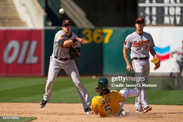 Ryan Flaherty of the Baltimore Orioles completes a double play over John Jaso of the Oakland Athletics to the end the game during the ninth inning at...