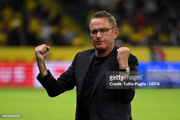 Ralf Rangnick, Head Coach of Austria, celebrates after the team's victory the UEFA EURO 2024 European qualifier match between Sweden and Austria at...