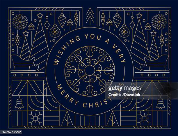 wishing you a very merry christmas, holiday gold geometric design with elegant icons in line art style - christmas background vector stock illustrations