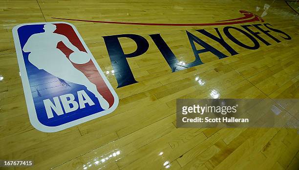 Playoffs logo is seen on the court before the game between the Oklahoma City Thunder and Houston Rockets in Game Three of the Western Conference...