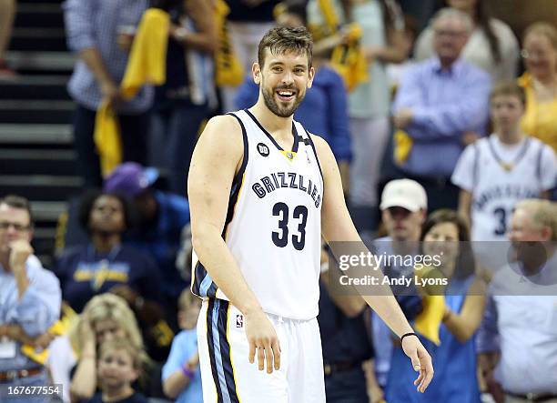 Marc Gasol of the Memphis Grizzlies celebrates in the 104-83 win over the Los Angeles Clippers in Game Four of the Western Conference Quarterfinals...