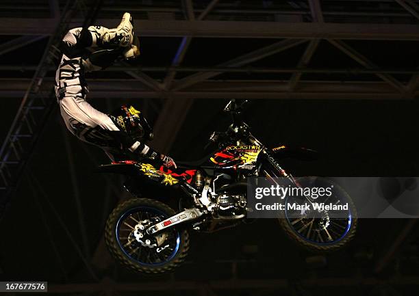 David Rinaldo of France competes during the Night of the Jumps freestyle motocross European Championship Series at Olympiahalle on March 27, 2013 in...