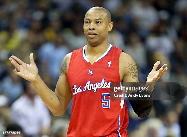 Caron Butler of the Los Angeles Clippers disagrees with an offical call in the game against the Memphis Grizzlies in Game Four of the Western...