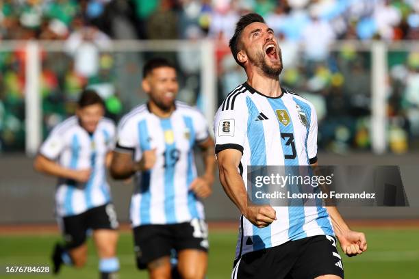 Nicolas Tagliafico of Argentina celebrates after scoring the second goal of his team during a FIFA World Cup 2026 Qualifier match between Bolivia and...