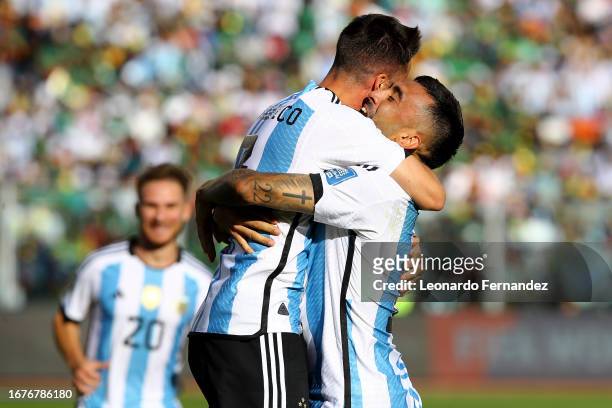 Nicolas Tagliafico of Argentina celebrates with teammate Nicolas Gonzalez after scoring the second goal of their team during a FIFA World Cup 2026...