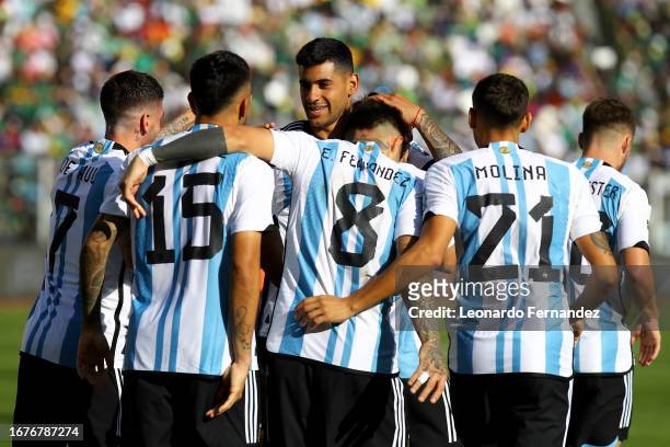 Nicolas Tagliafico of Argentina celebrates with teammates after scoring the second goal of their team during a FIFA World Cup 2026 Qualifier match...