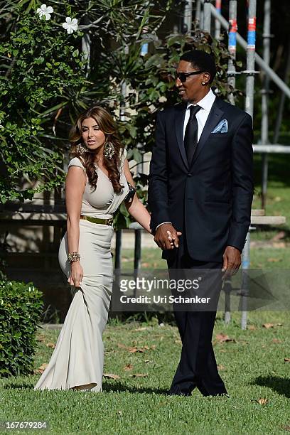 Larsa Pippen and Scottie Pippen are sighted at Michael Jordan and Yvette Prieto wedding Bethesda-by-the Sea church on April 27, 2013 in Palm Beach,...