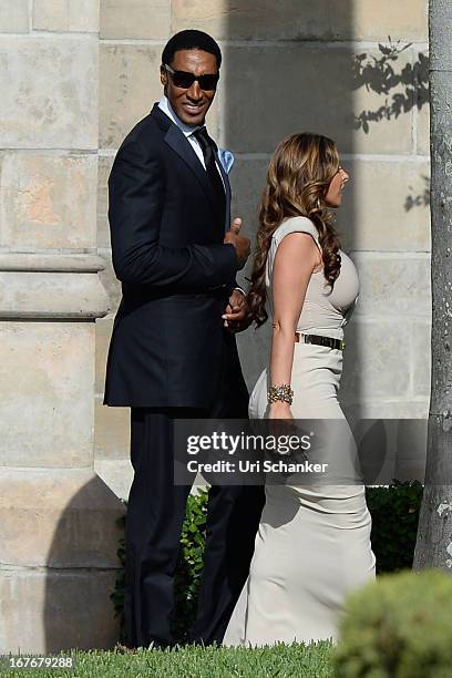 Larsa Pippen and Scottie Pippen are sighted at Michael Jordan and Yvette Prieto wedding Bethesda-by-the Sea church on April 27, 2013 in Palm Beach,...