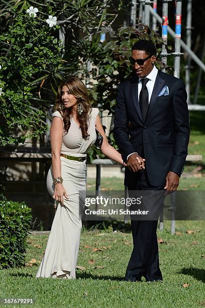 Larsa Pippen and Scottie Pippen are sighted at Michael Jordan and Yvette Prieto wedding Bethesda-by-the Sea church on April 27, 2013 in Palm Beach,...