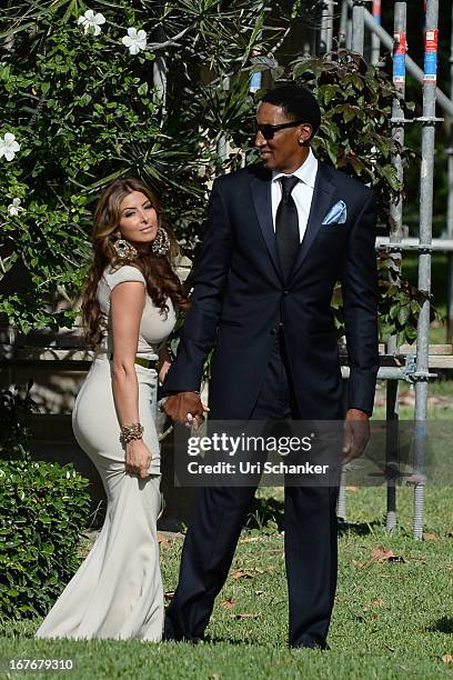 Larsa Pippen and Scottie Pippen are sighted at Michael Jordan and Yvette Prieto wedding Bethesda-by-the Sea church on April 27, 2013 in Palm Beach,...