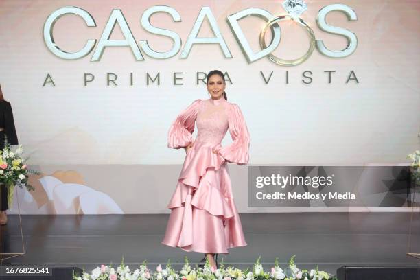 Patricia Manterola poses for photos during the press conference to present the reality show 'Casados a Primera Vista' at Azteca Ajusco on September...