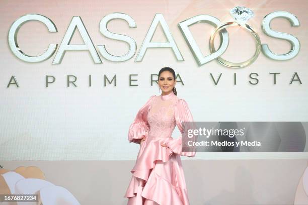 Patricia Manterola poses for photos during the press conference to present the reality show 'Casados a Primera Vista' at Azteca Ajusco on September...