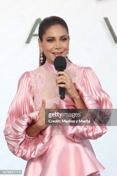 Patricia Manterola speaks during the press conference to present the reality show 'Casados a Primera Vista' at Azteca Ajusco on September 12, 2023 in...