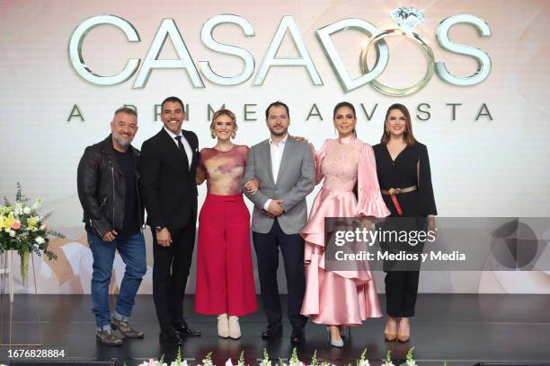 Leopi', Mauricio Barcelata, Lala Gutiérrez, Adrián Ortega, Patricia Manterola and Erika Pavón pose for photos during the press conference to present...