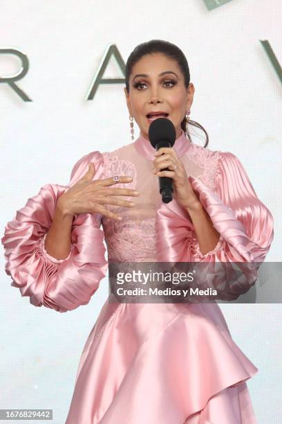 Patricia Manterola speaks during the press conference to present the reality show 'Casados a Primera Vista' at Azteca Ajusco on September 12, 2023 in...