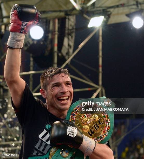 World Boxing Council middleweight defending champion Sergio "Maravilla" Martinez celebrates his defeat over challenger Martin Murray of Britain in...