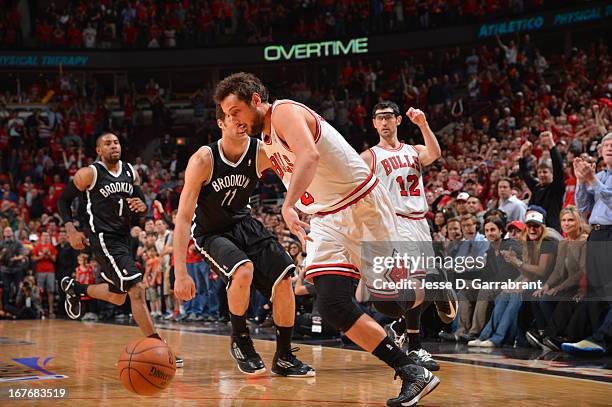 Marco Belinelli of the Chicago Bulls drives to the basket against the Brooklyn Nets in Game Four of the Eastern Conference Quarterfinals during the...