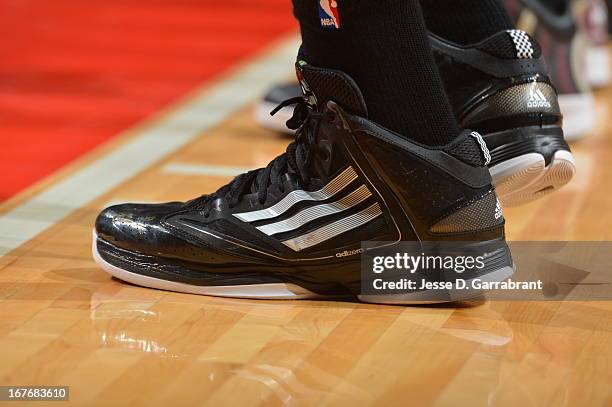 Close up of Adizero Sneakers of the Chicago Bulls against the Brooklyn Nets in Game Four of the Eastern Conference Quarterfinals during the 2013 NBA...