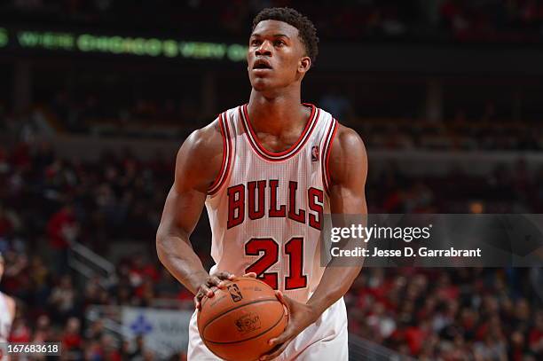 Jimmy Butler of the Chicago Bulls shoots a foul shot against the Brooklyn Nets in Game Four of the Eastern Conference Quarterfinals during the 2013...