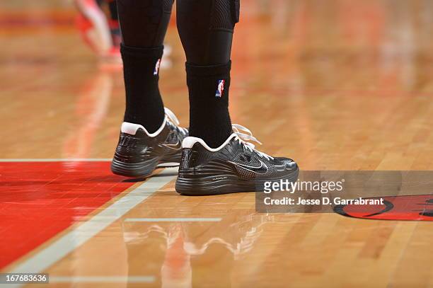 Close up of Lunarlon Nike Sneakers ;of the Brooklyn Nets against the Chicago Bulls in Game Four of the Eastern Conference Quarterfinals during the...