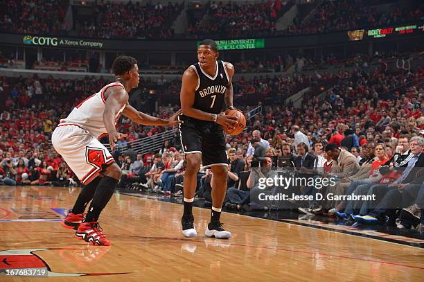 Joe Johnson of the Brooklyn Nets looks to drive to the basket against the Chicago Bulls in Game Four of the Eastern Conference Quarterfinals during...