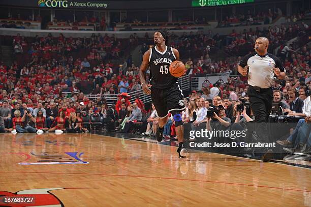 Gerald Wallace of the Brooklyn Nets pushes the ball up the court against the Chicago Bulls in Game Four of the Eastern Conference Quarterfinals...
