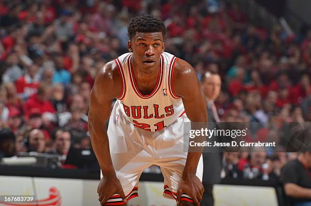 Jimmy Butler of the Chicago Bulls rests during a break in the action against the Brooklyn Nets in Game Four of the Eastern Conference Quarterfinals...