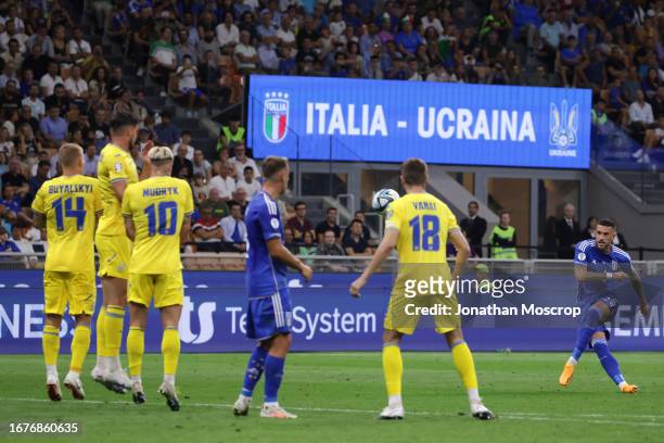 Cristiano Biraghi of Italy fires a free kick goalwards during the UEFA EURO 2024 European qualifier match between Italy and Ukraine at Stadio San...